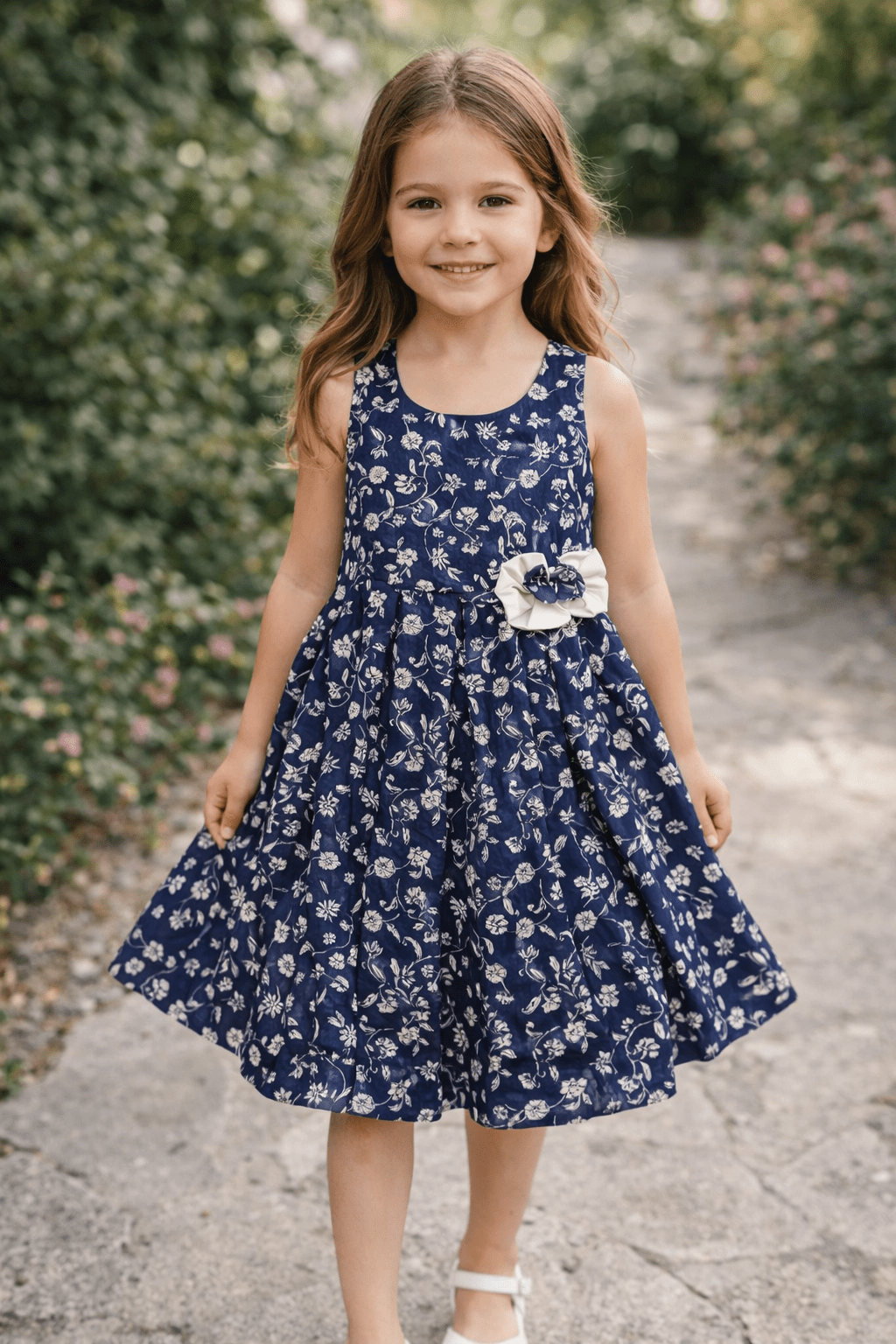 Girls Black Cotton Dress with White Floral Design - CottyLand