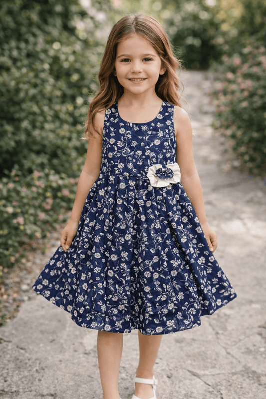 Girls Black Cotton Dress with White Floral Design - CottyLand