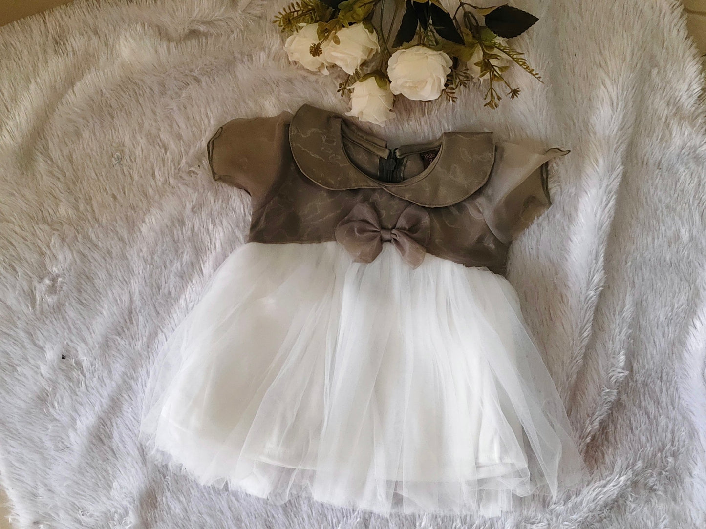 Girls Champagne & Ivory Party Dress with Peter Pan Collar and Tulle Skirt - CottyLand