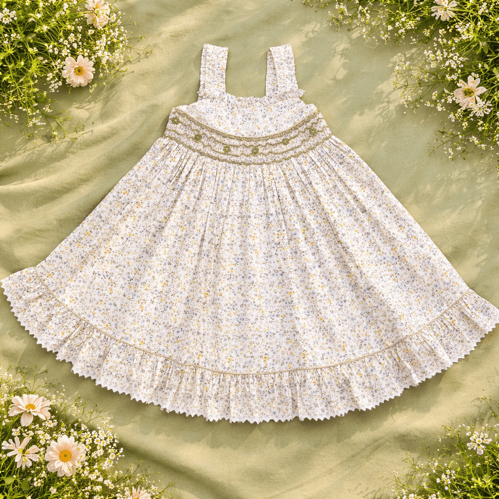 Girls Smocked Flared Lace Hem Dress - CottyLand