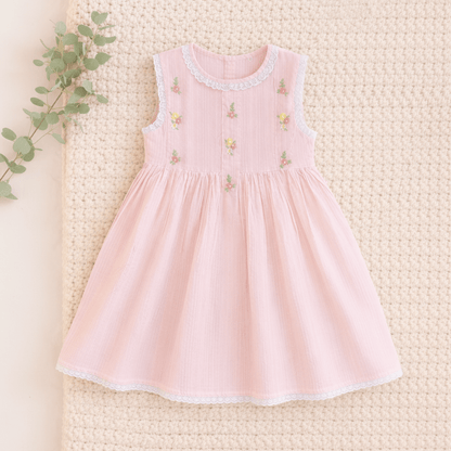 Girls Blush Pink Cotton Dress with Lace Trim & Embroidery - CottyLand