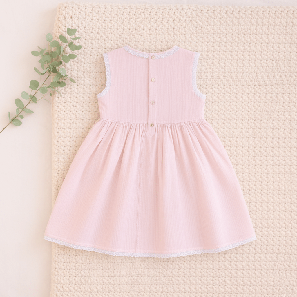 Girls Blush Pink Cotton Dress with Lace Trim & Embroidery - CottyLand