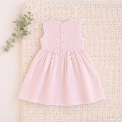 Girls Blush Pink Cotton Dress with Lace Trim & Embroidery - CottyLand