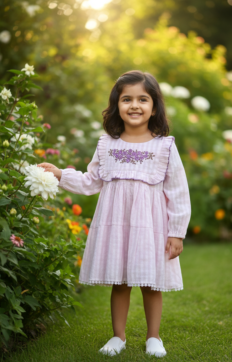 Girls Blush Pink Embroidered Cotton Crinkle Dress with Ruffle Yoke & Lace Hem - CottyLand