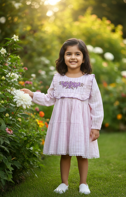 Girls Blush Pink Embroidered Cotton Crinkle Dress with Ruffle Yoke & Lace Hem - CottyLand