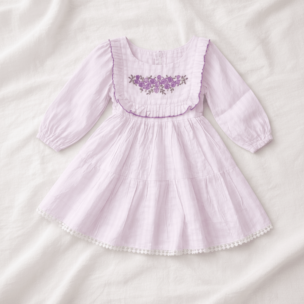 Girls Blush Pink Embroidered Cotton Crinkle Dress with Ruffle Yoke & Lace Hem - CottyLand