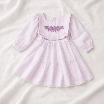 Girls Blush Pink Embroidered Cotton Crinkle Dress with Ruffle Yoke & Lace Hem - CottyLand