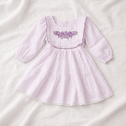 Girls Blush Pink Embroidered Cotton Crinkle Dress with Ruffle Yoke & Lace Hem - CottyLand