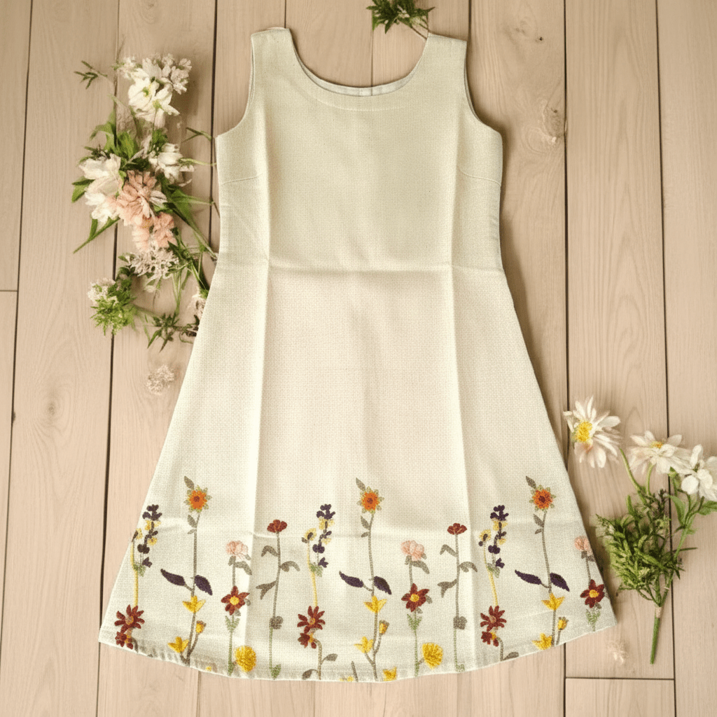 Girls Cream Floral Embroidery Cotton Dress - CottyLand