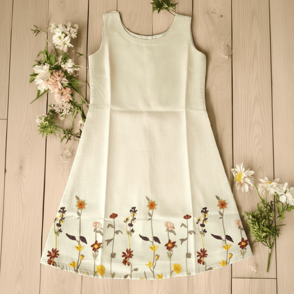 Girls Cream Floral Embroidery Cotton Dress - CottyLand