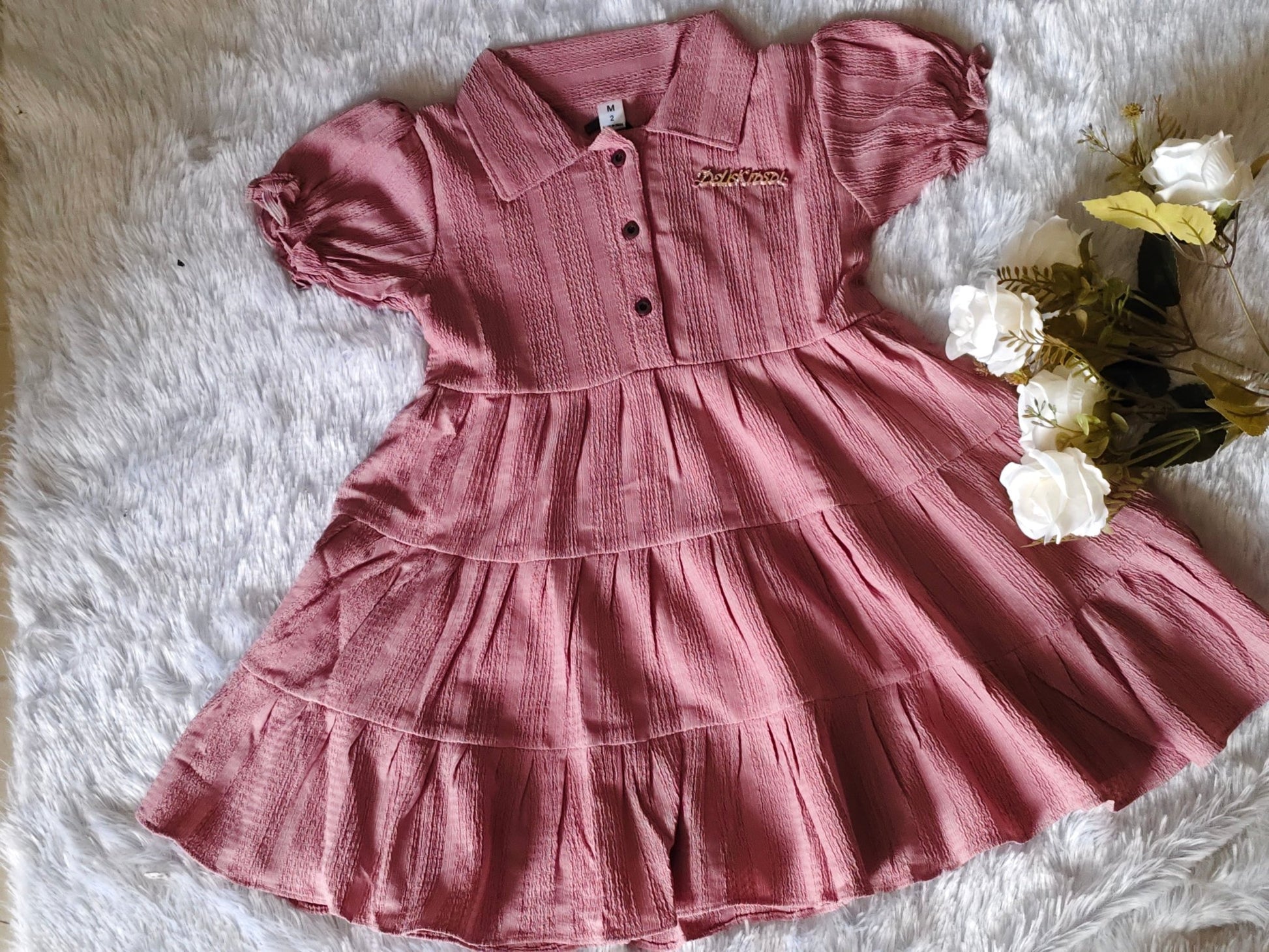 Girls Dusty Rose Textured Tiered dress - CottyLand