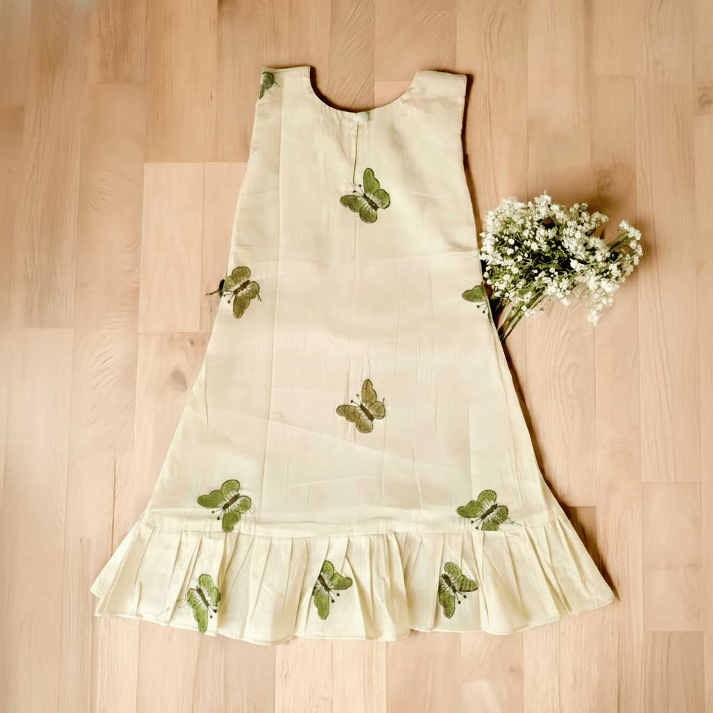 Girls Ivory Cotton Dress with Butterfly Print & Flared Hem - CottyLand