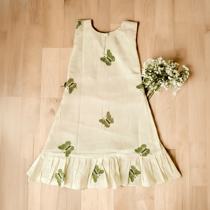 Girls Ivory Cotton Dress with Butterfly Print & Flared Hem - CottyLand