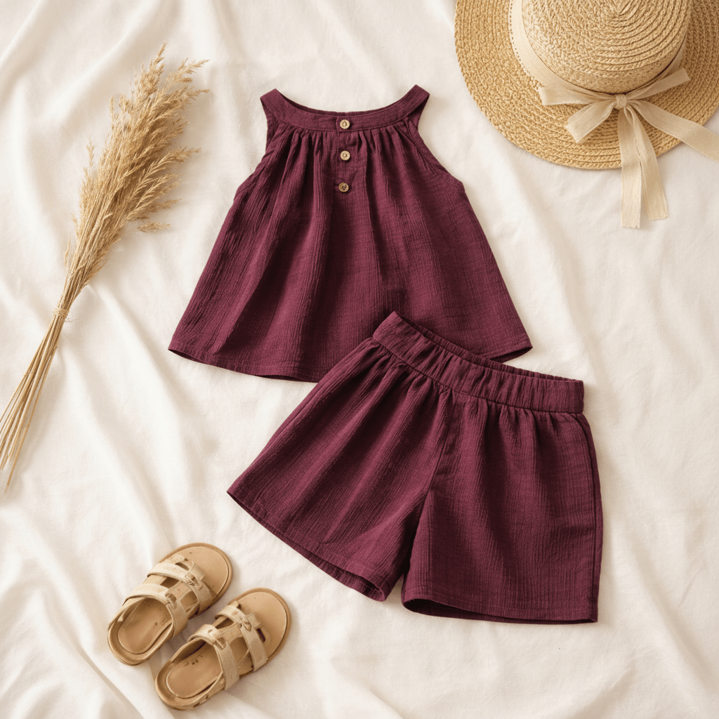 Girls Plum Crinkle Fabric Top & Shorts Set - CottyLand