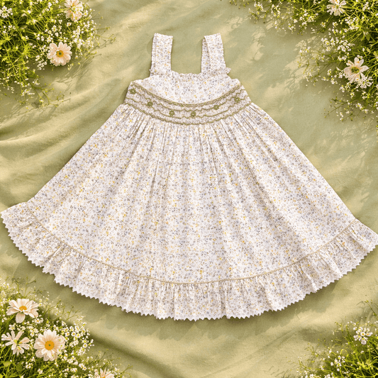 Girls Smocked Flared Lace Hem Dress - CottyLand