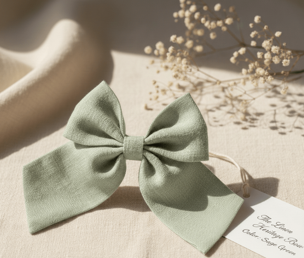 Sage Green Linen Bow Hair Clip - CottyLand
